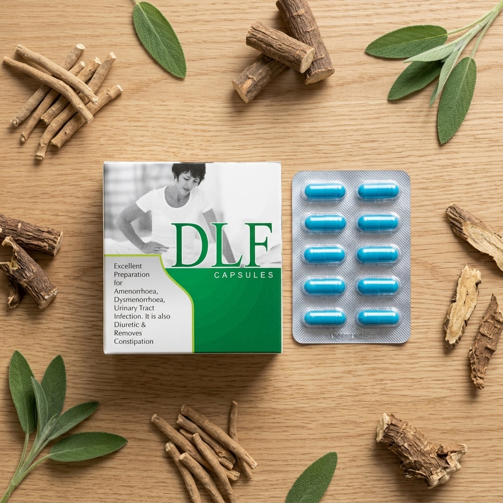 DLF Capsules - Product with Herbal Ingredients Flat Lay