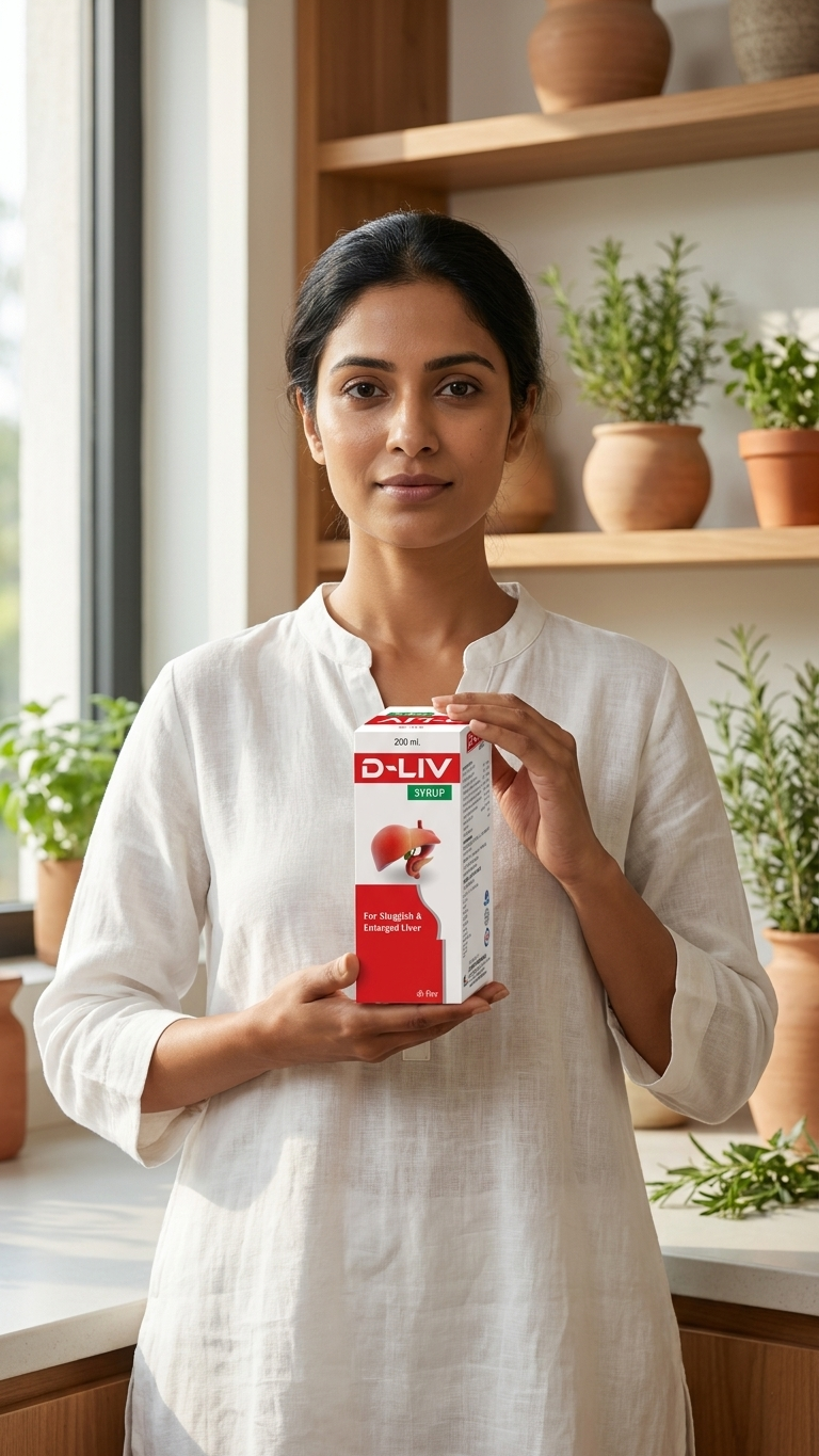Woman holding D-Liv Syrup bottle