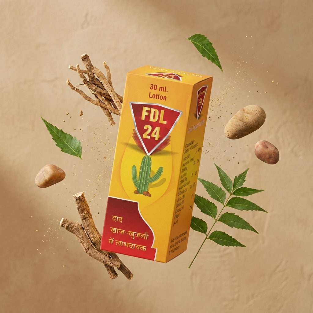 FDL 24 Lotion - Flat Lay with Turmeric and Neem